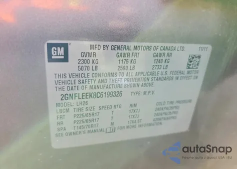 2012 Chevrolet Equinox Lt z USA, uszkodzony, nr VIN 2GNFLEEK8C6199326